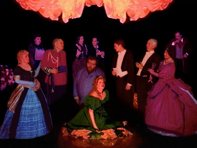 LA DAME AUX CAMELIAS (Adapted from Dumas, fils, by Geoffrey Edwards) Photo-Jane McCarty as Anais, Pat Mielecki as Esther, Marty Geraghty as Baron de Varville, Carlie Miklik as Prudence, David Fell as Gaston, Joseph S Kaplan as Arthur, Rachel Martindale as Marguerite Gautier, Andrew Ludington as Armand Duval, Larry Nelson as Saint-Gaudens, Lydia Jean as Olympe, Victor Radin as the Doctor-Marquee Theatre Company 7