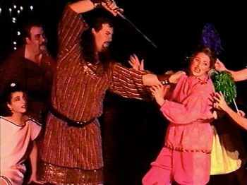 A FUNNY THING HAPPENED ON THE WAY TO THE FORUM (Sondheim-Shevelove-Gelbart) Photo-Julie Distenfield as Gemina, Victor Radin as Vesuvius, David M Michaels as Miles Gloriosus, Roberta Mulder as Pseudolus-Marquee Theatre Company 8