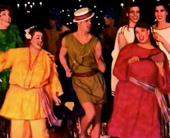 A FUNNY THING HAPPENED ON THE WAY TO THE FORUM (Sondheim-Shevelove-Gelbart) Photo-Keri Shane as Vibrata, Sarah Beck as Panacea, Joe Czajka as Marcus Lycus, Melissa Rubens as Gymnasia, Beth McDermott and Julie Distenfield as The Geminae-Marquee Theatre Company 4