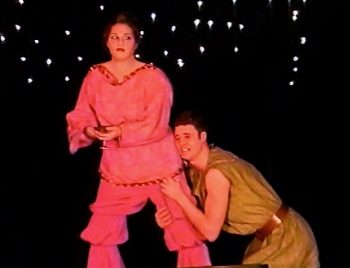 A FUNNY THING HAPPENED ON THE WAY TO THE FORUM (Sondheim-Shevelove-Gelbart) Photo-Roberta Mulder as Pseudolus, Joe Czajka as Marcus Lycus-Marquee Theatre Company 6