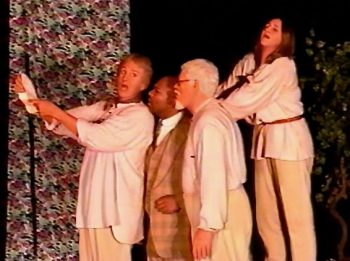 MY THREE ANGELS (Spewack) Photo-Ryan Edwards as Jules, Gregory Lacey as Paul, Garvey MacLean as Joseph, Roberta Mulder as Alfrede-Marquee Theatre Company 9